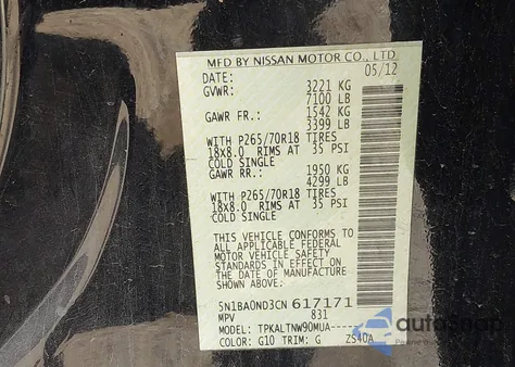 2012 Nissan Armada Sv z USA, uszkodzony, nr VIN 5N1BA0ND3CN617171